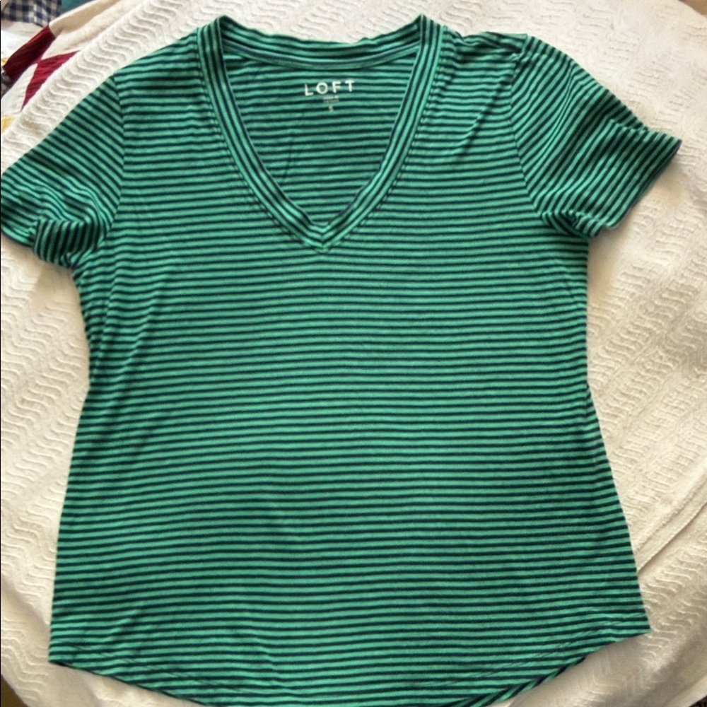 LOFT Blue & Green Striped V-Neck Short Sleeve Tee